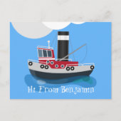 かわいい赤い魚釣りトラウラーボート漫画イラストレーション ポストカード (正面)