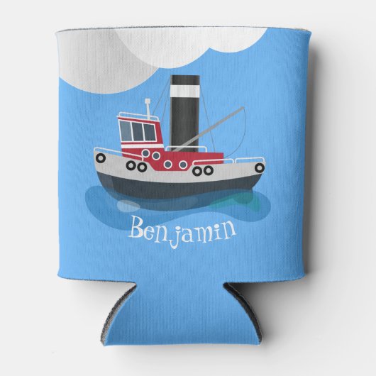 かわいい赤い魚釣りトラウラーボート漫画イラストレーション 缶クーラー (正面)