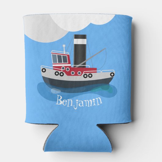 かわいい赤い魚釣りトラウラーボート漫画イラストレーション 缶クーラー (裏面)