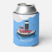 かわいい赤い魚釣りトラウラーボート漫画イラストレーション 缶クーラー (缶裏面)