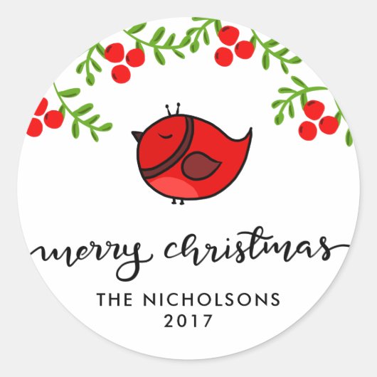 かわいい赤い鳥メリークリスマス手書きの休日 ラウンドシール (正面)