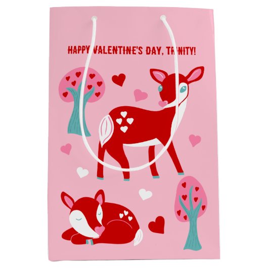 かわいい赤い鹿のバレンタインデーパーソナライズされた ミディアムペーパーバッグ (正面)