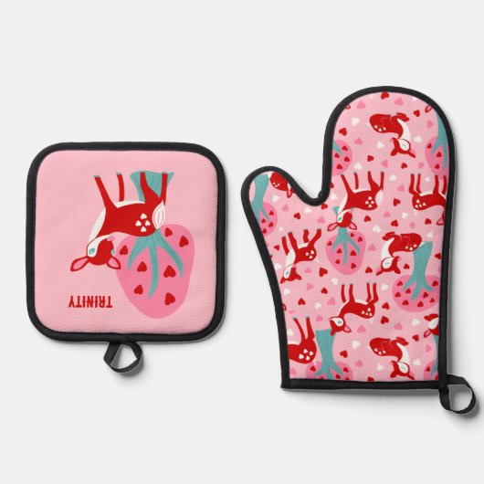 かわいい赤い鹿のバレンタインデー 鍋つかみ&鍋敷きセット (正面)