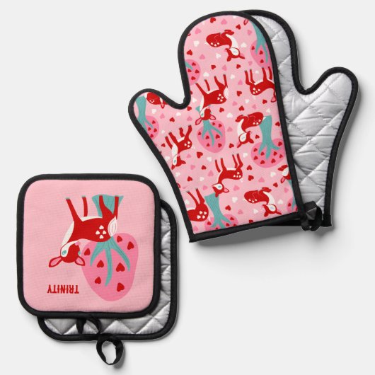 かわいい赤い鹿のバレンタインデー 鍋つかみ&鍋敷きセット (正面/裏面)