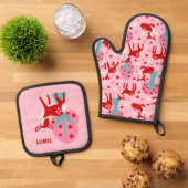 かわいい赤い鹿のバレンタインデー 鍋つかみ&鍋敷きセット (トップダウン)