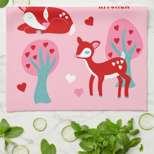かわいい赤い鹿バレンタインデーカスタムメッセージ キッチンタオル (折り畳み)