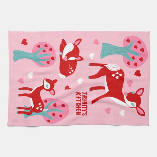 かわいい赤い鹿バレンタインデーカスタムメッセージ キッチンタオル (横)