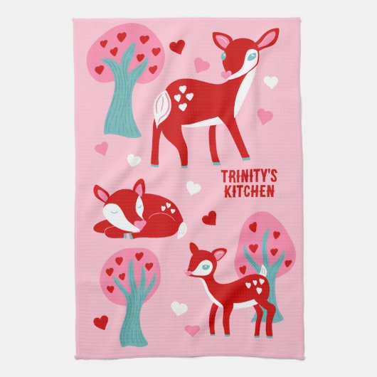 かわいい赤い鹿バレンタインデーカスタムメッセージ キッチンタオル (縦)