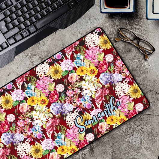 かわいい赤い黄色のフローラエレガントモノグラム デスクマット