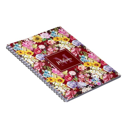 かわいい赤い黄色のフローラエレガントモノグラム ノートブック (右側)