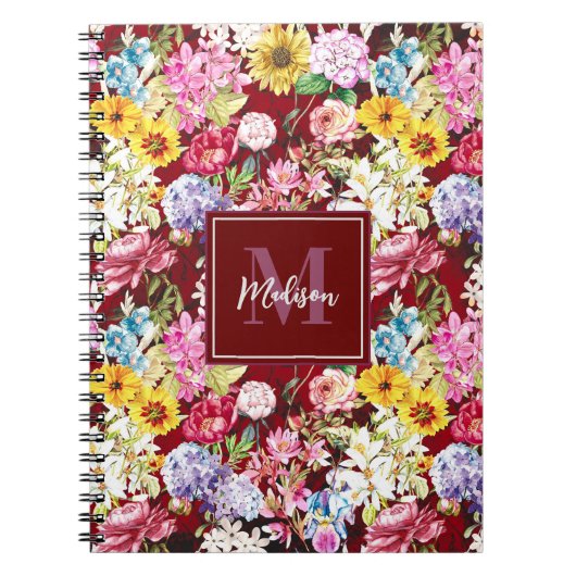 かわいい赤い黄色のフローラエレガントモノグラム ノートブック (正面)