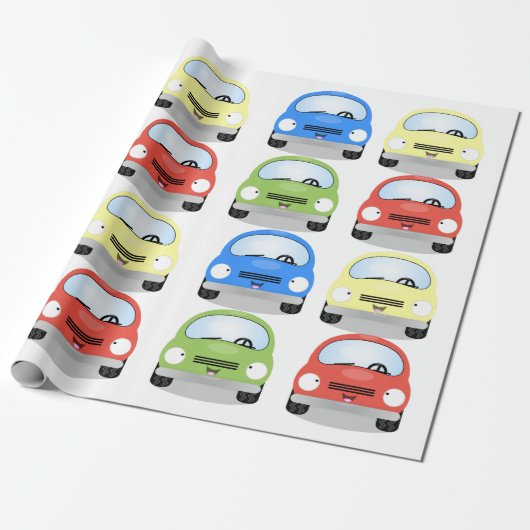 かわいい赤い黄色の緑の車の漫画のパターン ラッピングペーパー (アンロールド)