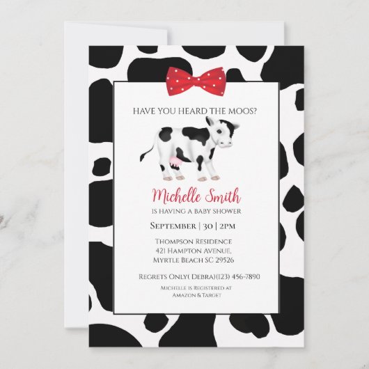 かわいい赤い黒の牛のプリント赤ちゃんシャワーホタテ 招待状 (正面)