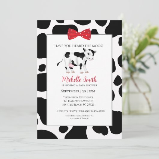 かわいい赤い黒の牛のプリント赤ちゃんシャワーホタテ 招待状 (スタンド正面)