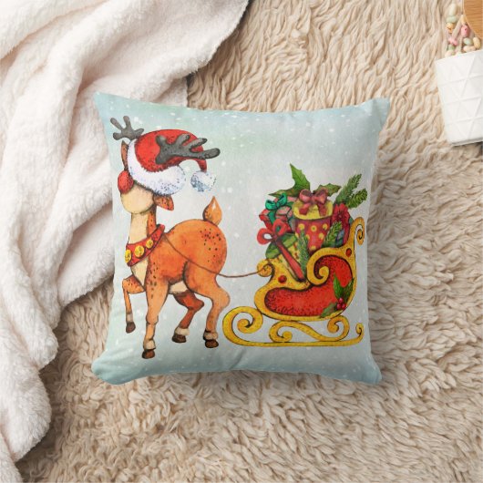 かわいい赤い鼻のトナカイはクリスマスを引く クッション (ブランケット)