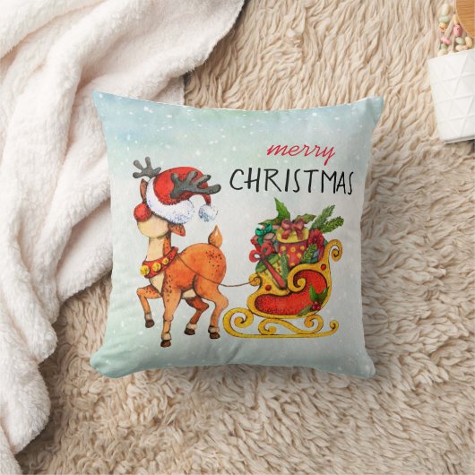かわいい赤い鼻のトナカイはクリスマスを引く クッション (ブランケット)