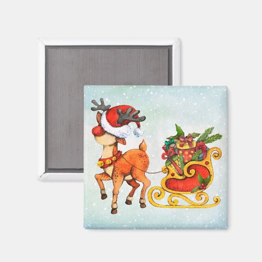 かわいい赤い鼻のトナカイはクリスマスを引く マグネット (正面/裏面)