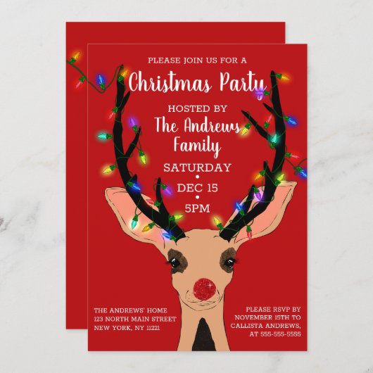 かわいい赤い鼻トナカイ白熱［赤熱］光を放つライトクリスマス 招待状 (正面/裏面)