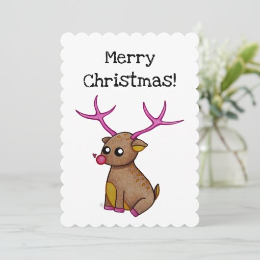 かわいい赤い鼻トナカイ – カスタマイズ可能なクリスマス シーズンカード (スタンド正面)