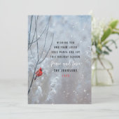 かわいい赤い(鳥)ショウジョウコウカンチョウと雪のクリスマス シーズンカード (スタンド正面)