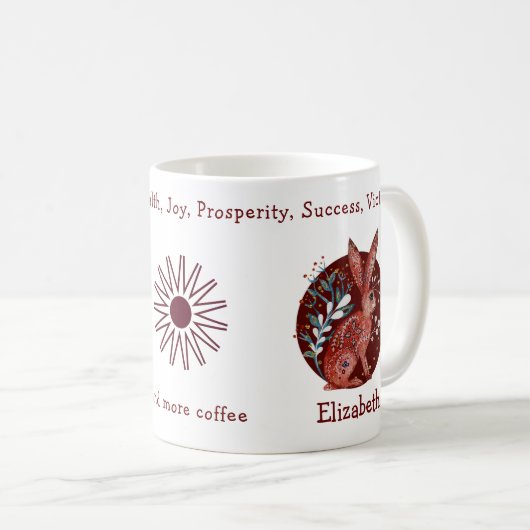 かわいい赤うさぎと植物。及おもしろいび前向き コーヒーマグカップ (正面右)