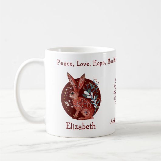 かわいい赤うさぎと植物。及おもしろいび前向き コーヒーマグカップ (左)