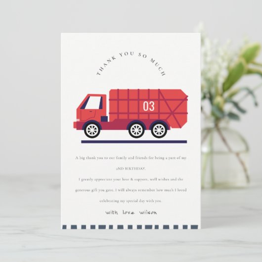 かわいい赤ごみトラックの子供たち任意の年齢誕生日 サンキューカード (スタンド正面)