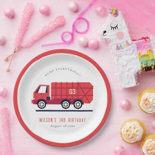かわいい赤ごみトラックの子供たち任意の年齢誕生日 ペーパープレート (パーティー)