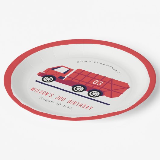 かわいい赤ごみトラックの子供たち任意の年齢誕生日 ペーパープレート (アングル)