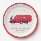 かわいい赤ごみトラックの子供たち任意の年齢誕生日 ペーパープレート (正面)