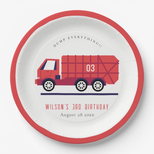 かわいい赤ごみトラックの子供たち任意の年齢誕生日 ペーパープレート (正面)