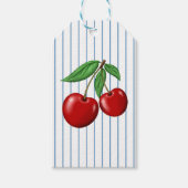 かわいい赤さくらんぼフルーツオンブルーストライプデザイン ギフトタグ (正面)