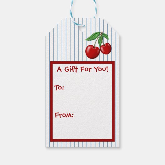 かわいい赤さくらんぼフルーツオンブルーストライプデザイン ギフトタグ (裏面)