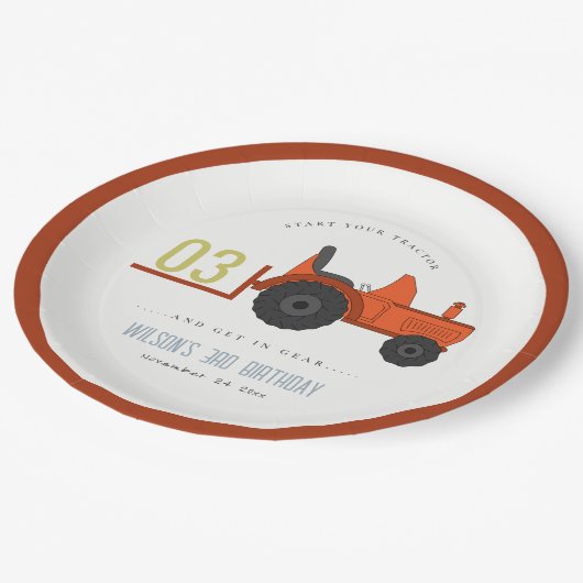 かわいい赤さびファームトラクターキッズ任意の年齢誕生日 ペーパープレート (アングル)
