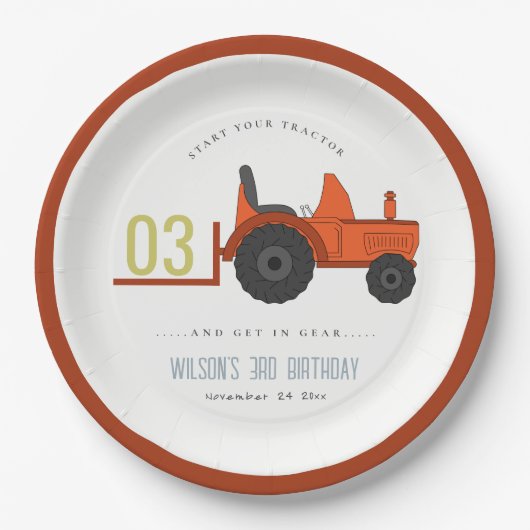 かわいい赤さびファームトラクターキッズ任意の年齢誕生日 ペーパープレート (正面)