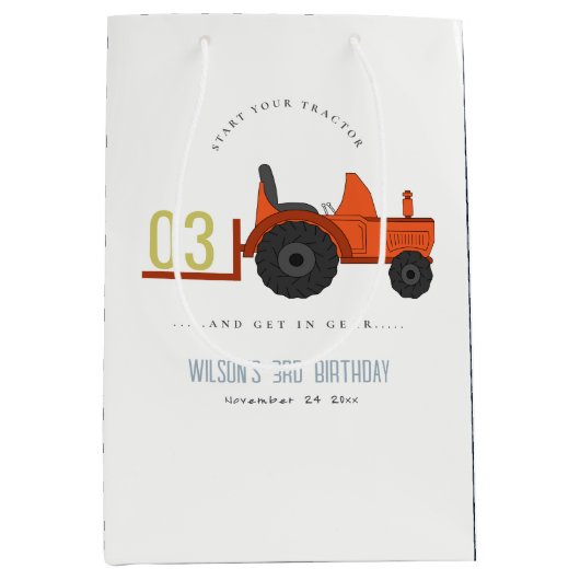 かわいい赤さびファームトラクターキッズ任意の年齢誕生日 ミディアムペーパーバッグ (正面)
