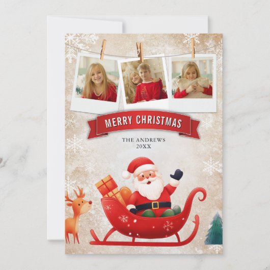 かわいい赤そりサンタクロース写真クリスマス シーズンカード (正面)