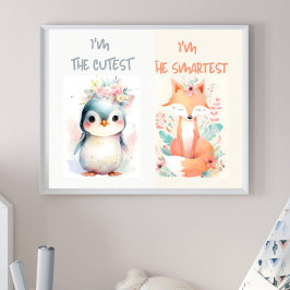 かわいい赤ちゃんおもしろい動物キッズ子供部屋キツネペンギン ポスター