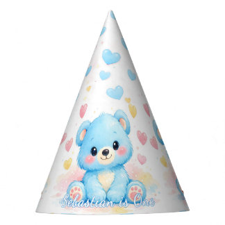 かわいい赤ちゃんくまのブルー誕生日パステルパーティーハット パーティーハット