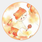 かわいい赤ちゃんとオレンジ色の水彩画 1歳の誕生日 ラウンドシール (正面)