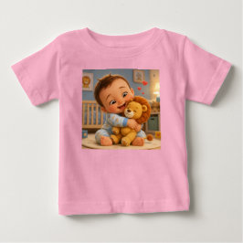 かわいい赤ちゃんとライオンのおもちゃのキャラクターTシャツ ベビーTシャツ