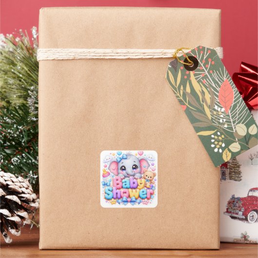 かわいい赤ちゃんのお祝いゾウのパステルピンクテディ スクエアシール (クリスマス)