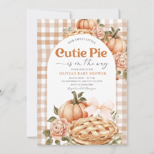 かわいい赤ちゃんのお茶会　チェック柄の花　ラスティック 招待状 (正面)