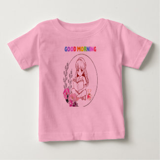 かわいい赤ちゃんの女の子が本を読むTシャツ ベビーTシャツ