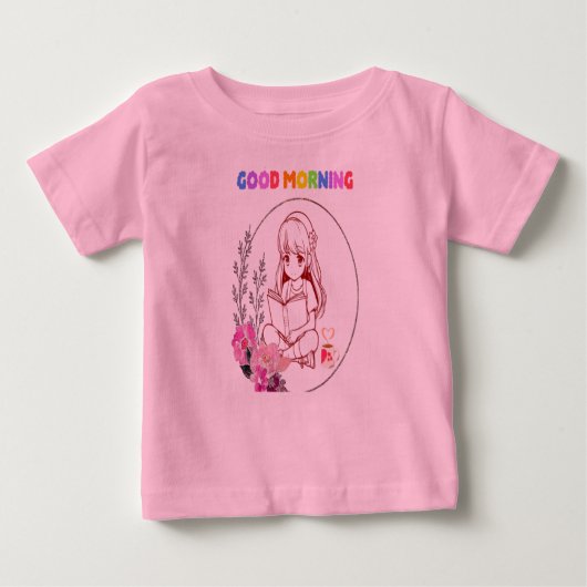 かわいい赤ちゃんの女の子が本を読むTシャツ ベビーTシャツ (正面)