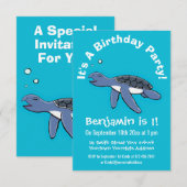 かわいい赤ちゃんの幸せなウミガメの水泳アニメーション 招待状 (正面/裏面)