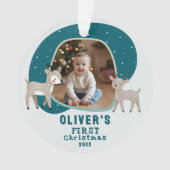 かわいい赤ちゃんの最初のクリスマスのトナカイの写真 オーナメント (正面)