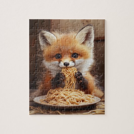 かわいい赤ちゃんの赤い狐がスパゲッティを食べている ジグソーパズル (縦)