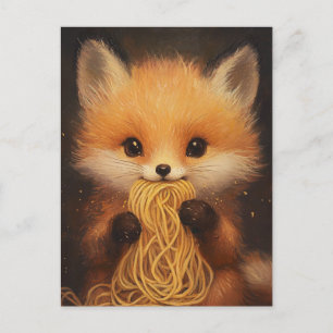 かわいい赤ちゃんの赤い狐がスパゲッティを食べている ポストカード