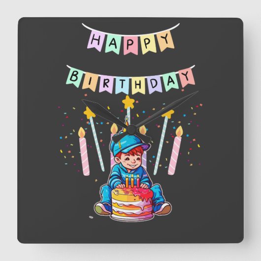 かわいい赤ちゃんの1歳の誕生日 かっこいい少年 スクエア壁時計 (正面)